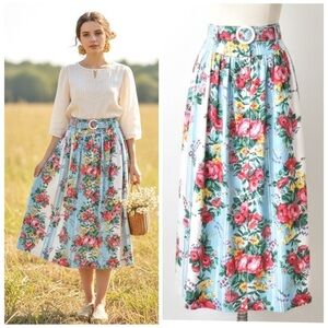 Vintage 90s Prairie Cottagecore Floral Striped Rayon Midi Skirt Belted Size 10